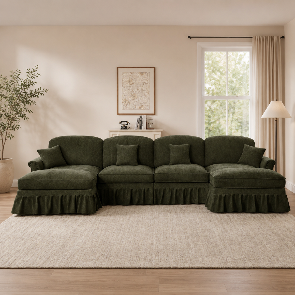 Luxury teak wood sectional sofa with olive green fabric