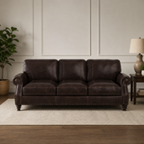 Premium solid teak wood dark brown leather 3 seater sofa
