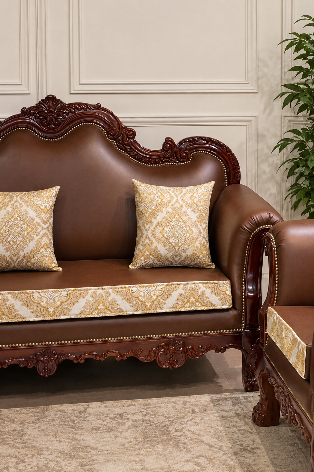 Classic brown teak wood sofa set with cushions