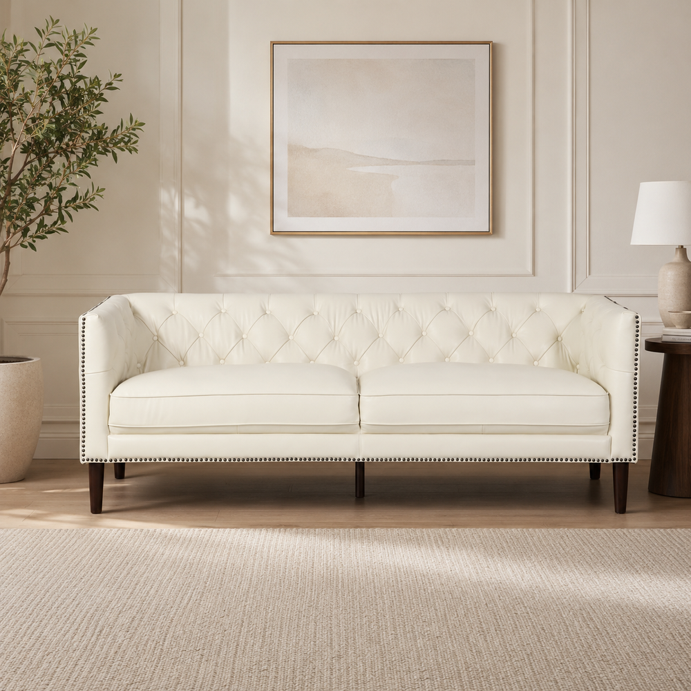 Luxury tufted teak wood sofa for modern living room