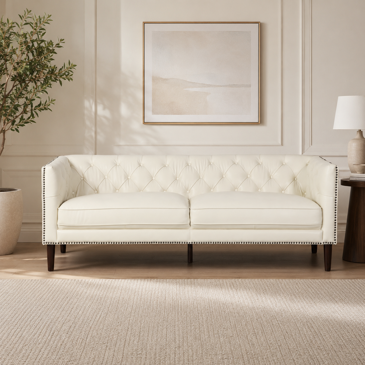 Luxury tufted teak wood sofa for modern living room
