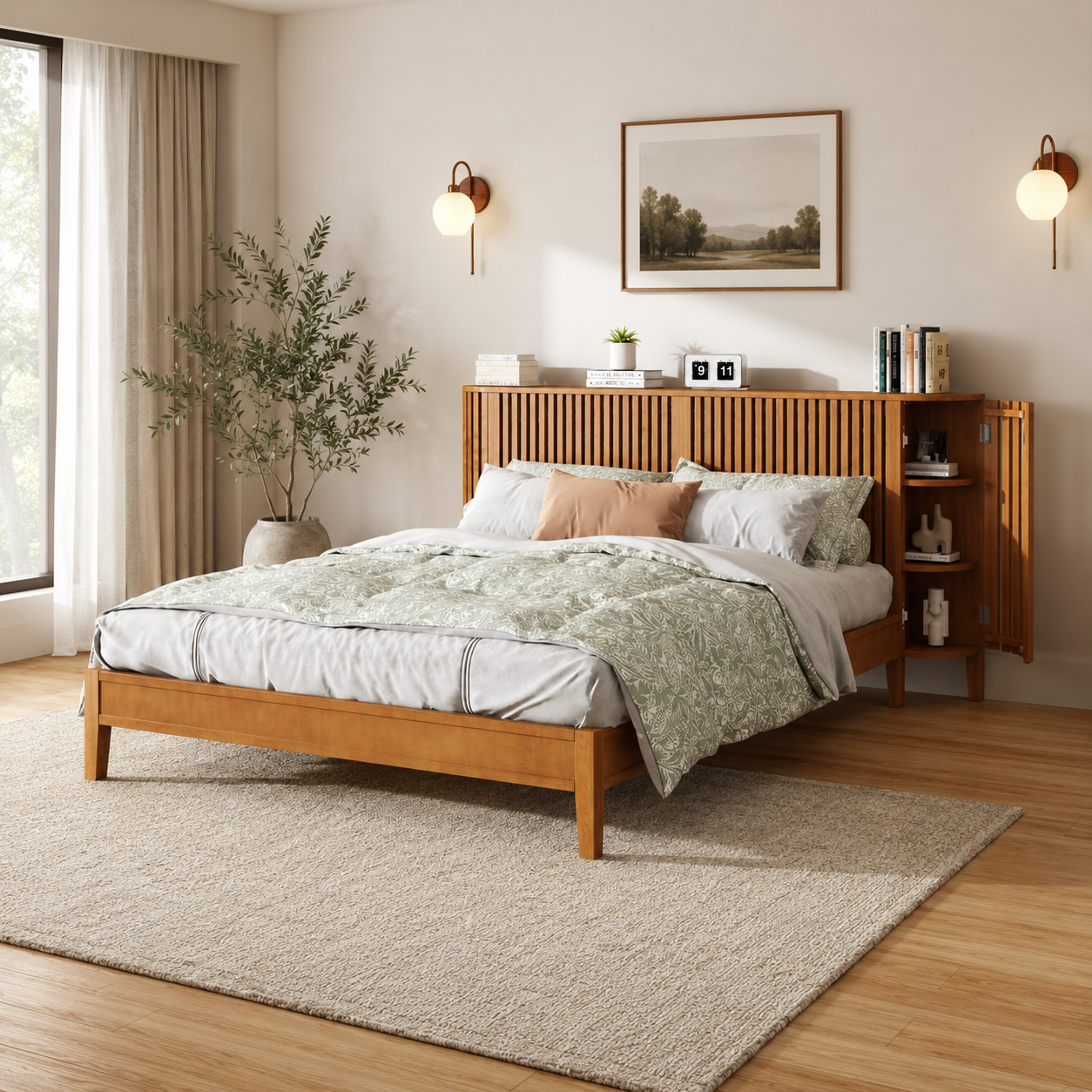Luxury teak wood storage bed for modern bedroom