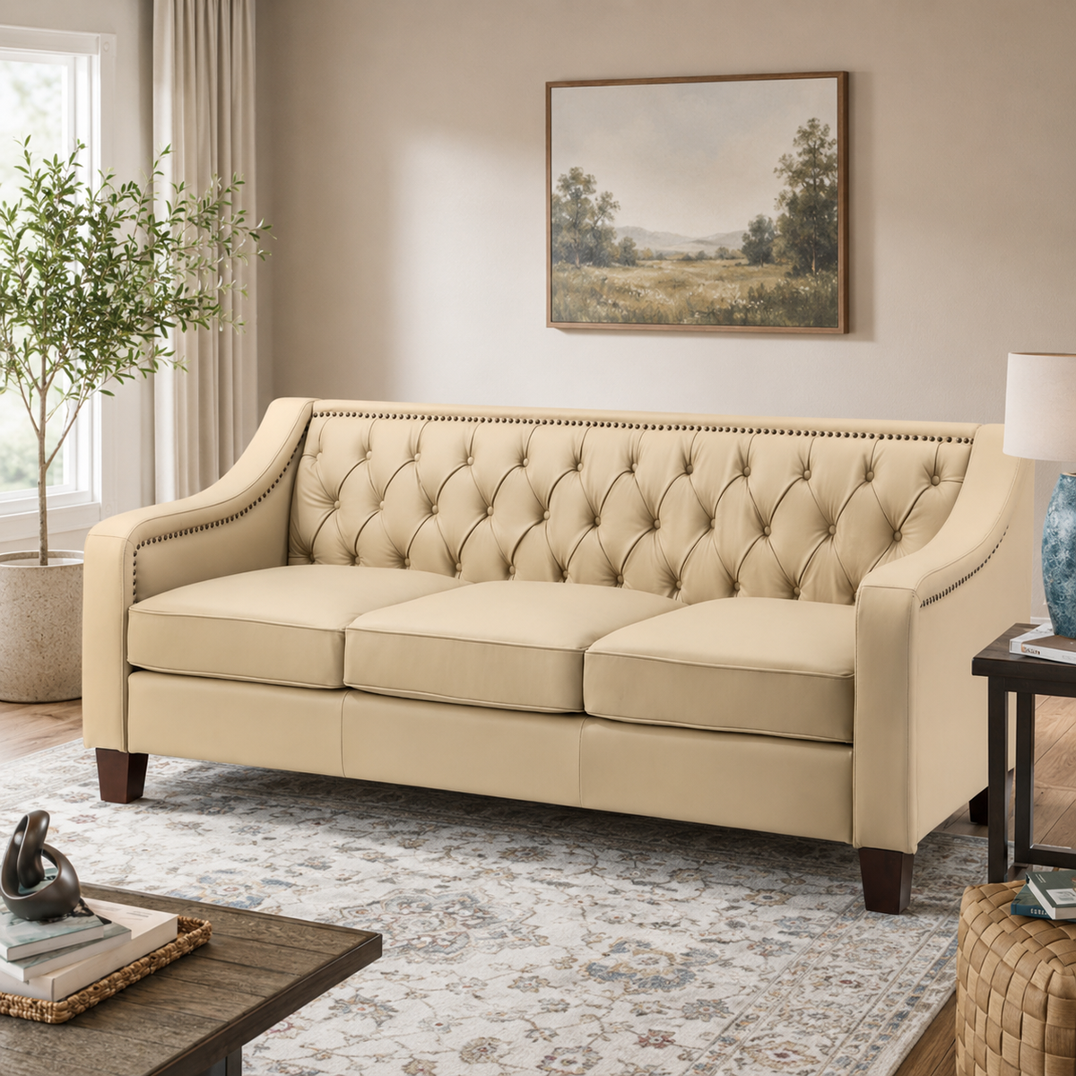 Luxury beige tufted teak wood sofa for living room