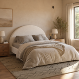 Luxury teak wood upholstered bed with curved headboard