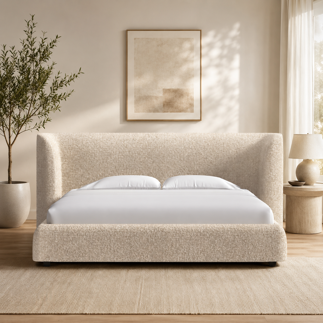 Luxury teak wood upholstered platform bed with wingback headboard