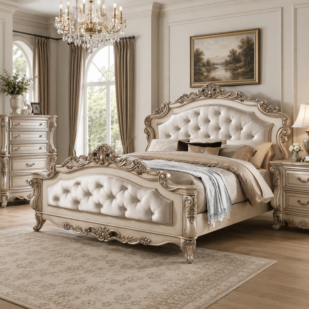 Luxury teak wood upholstered bed with carved headboard