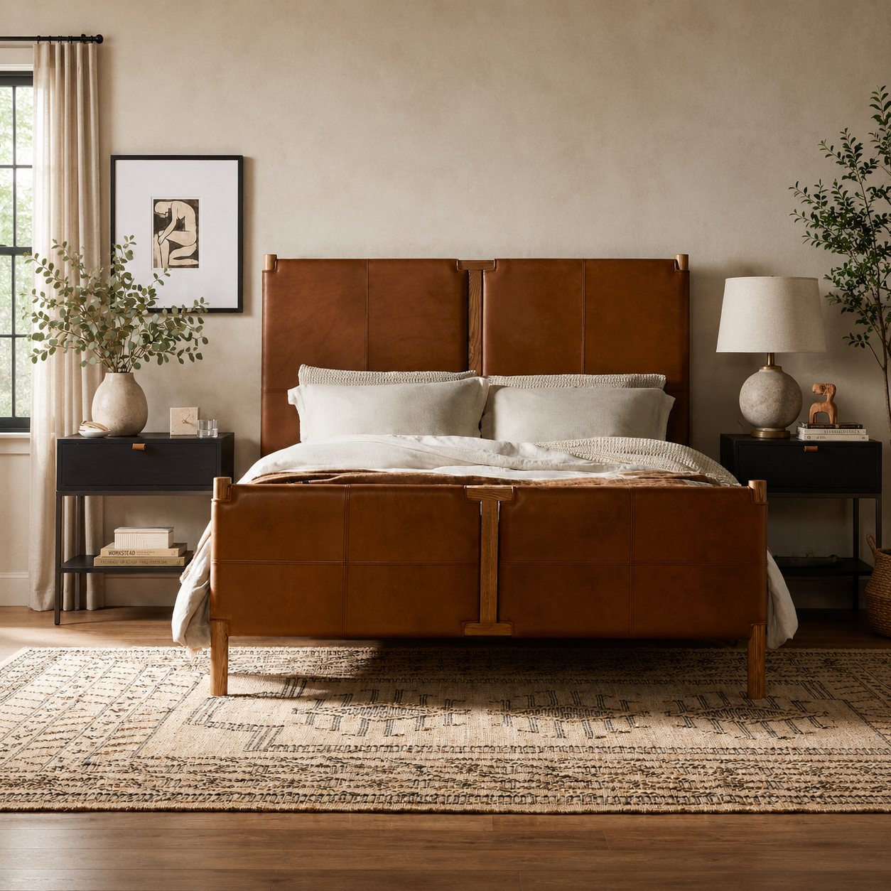 High-end teak wood upholstered platform bed