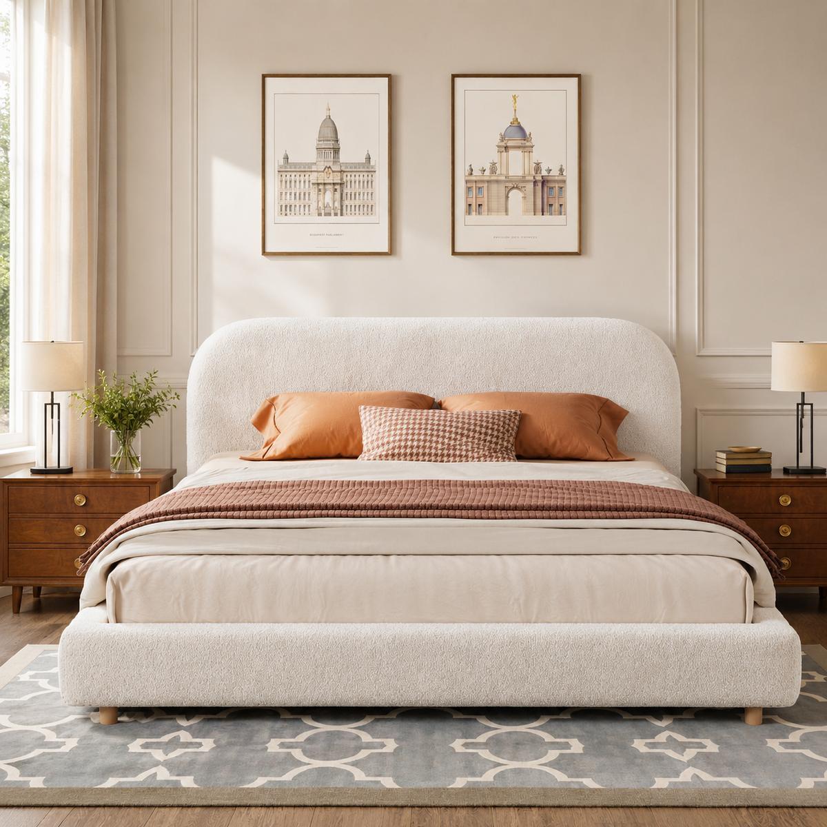 Luxury bouclé upholstered teak wood king size bed