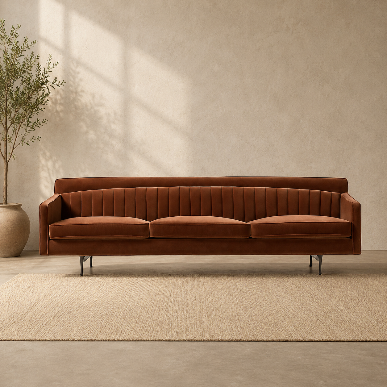 Luxury brown velvet teak wood 3-seater sofa with curved backrest
