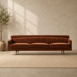 Luxury brown velvet teak wood 3-seater sofa with curved backrest
