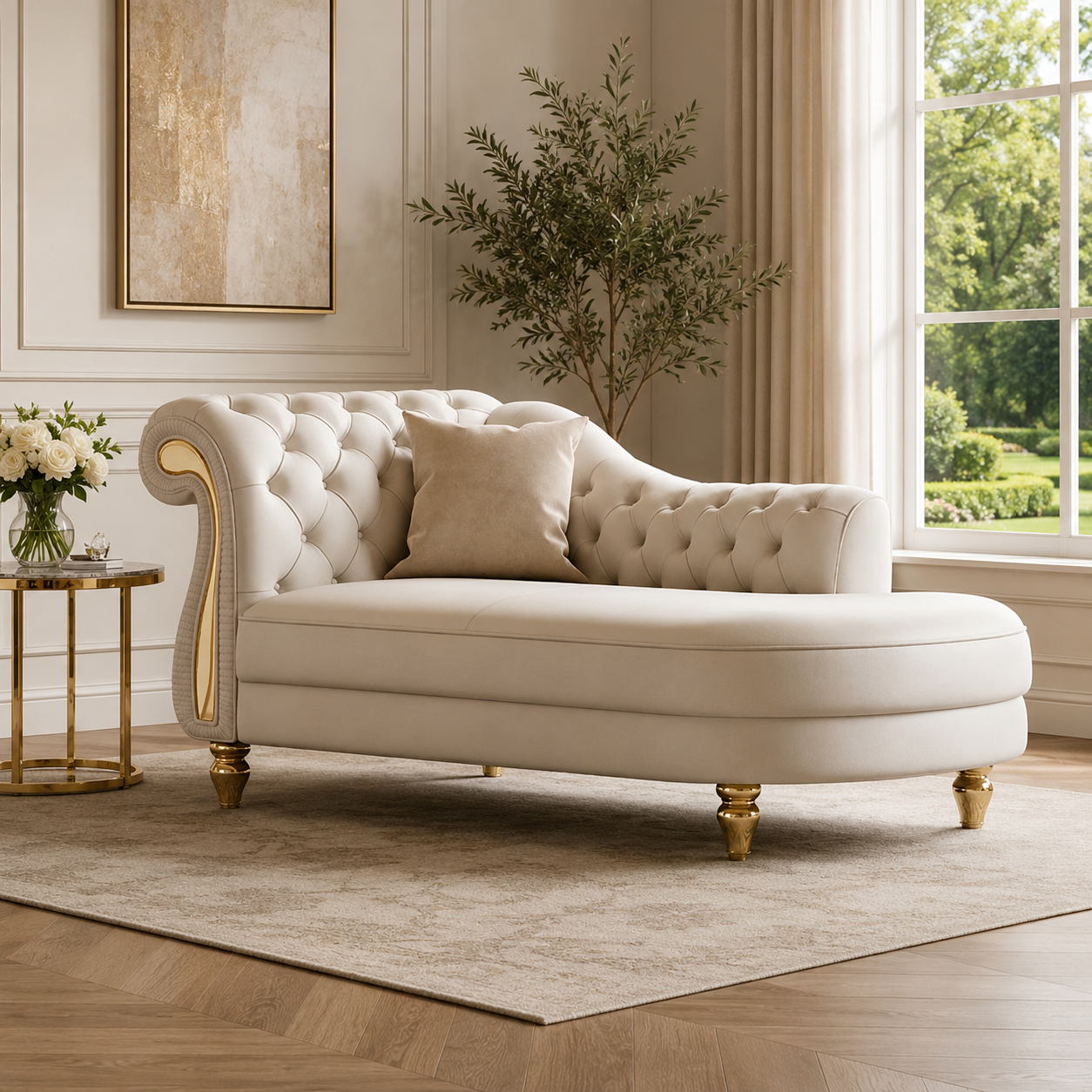 Luxury Teak Wood Chesterfield Chaise Lounge in Ivory Color