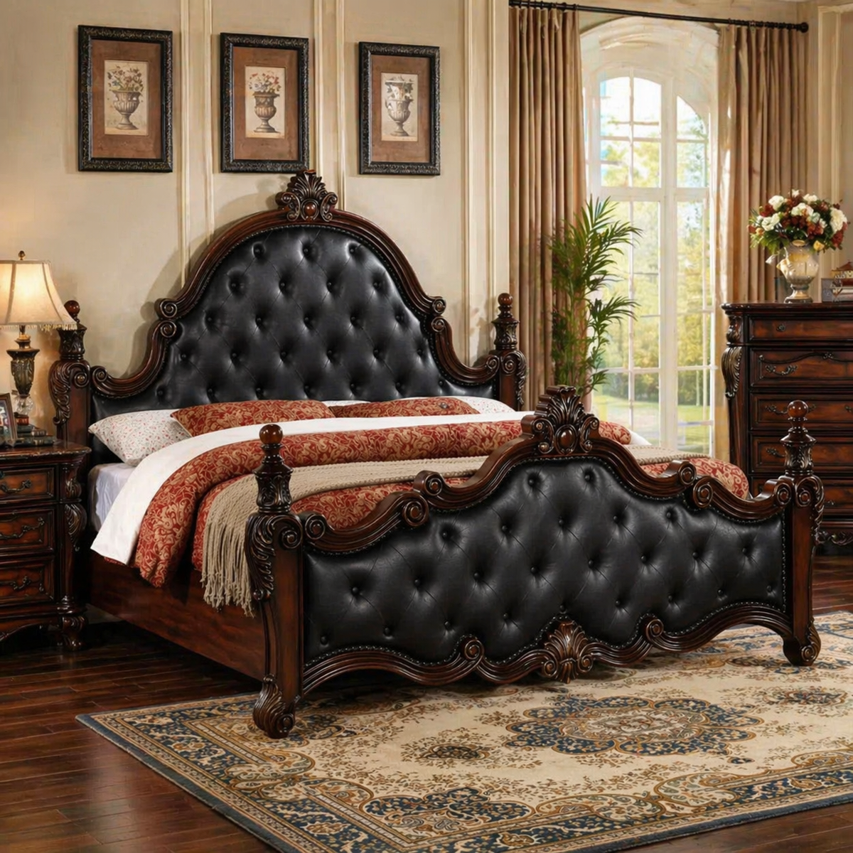 luxury tufted leather bed frame with carved wood