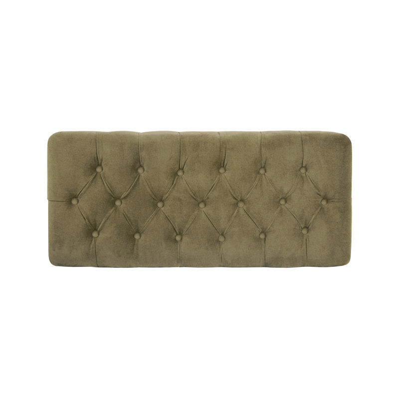 Upholstered storage bench with wooden legs and lift-top compartment