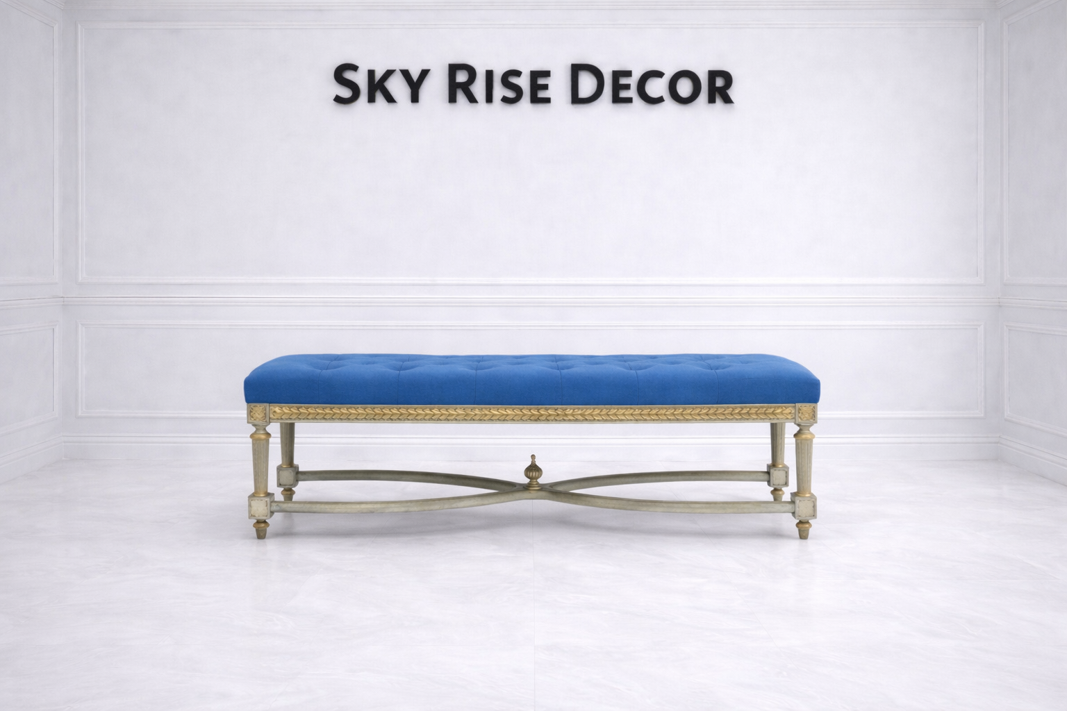 Classic blue upholstered bench for entryway and hallway décor
