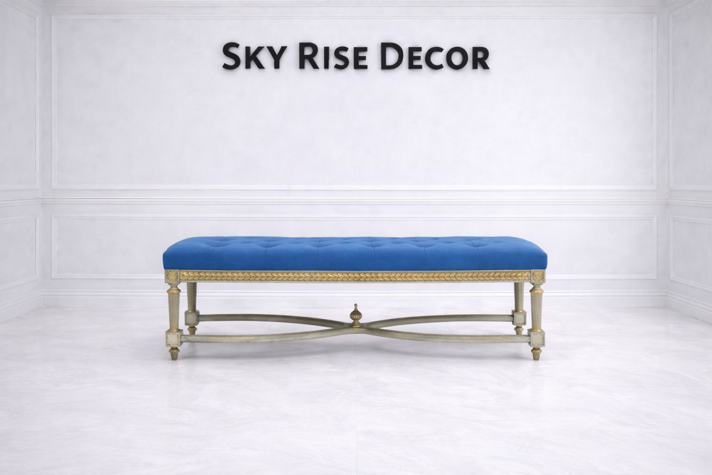 Classic blue upholstered bench for entryway and hallway décor
