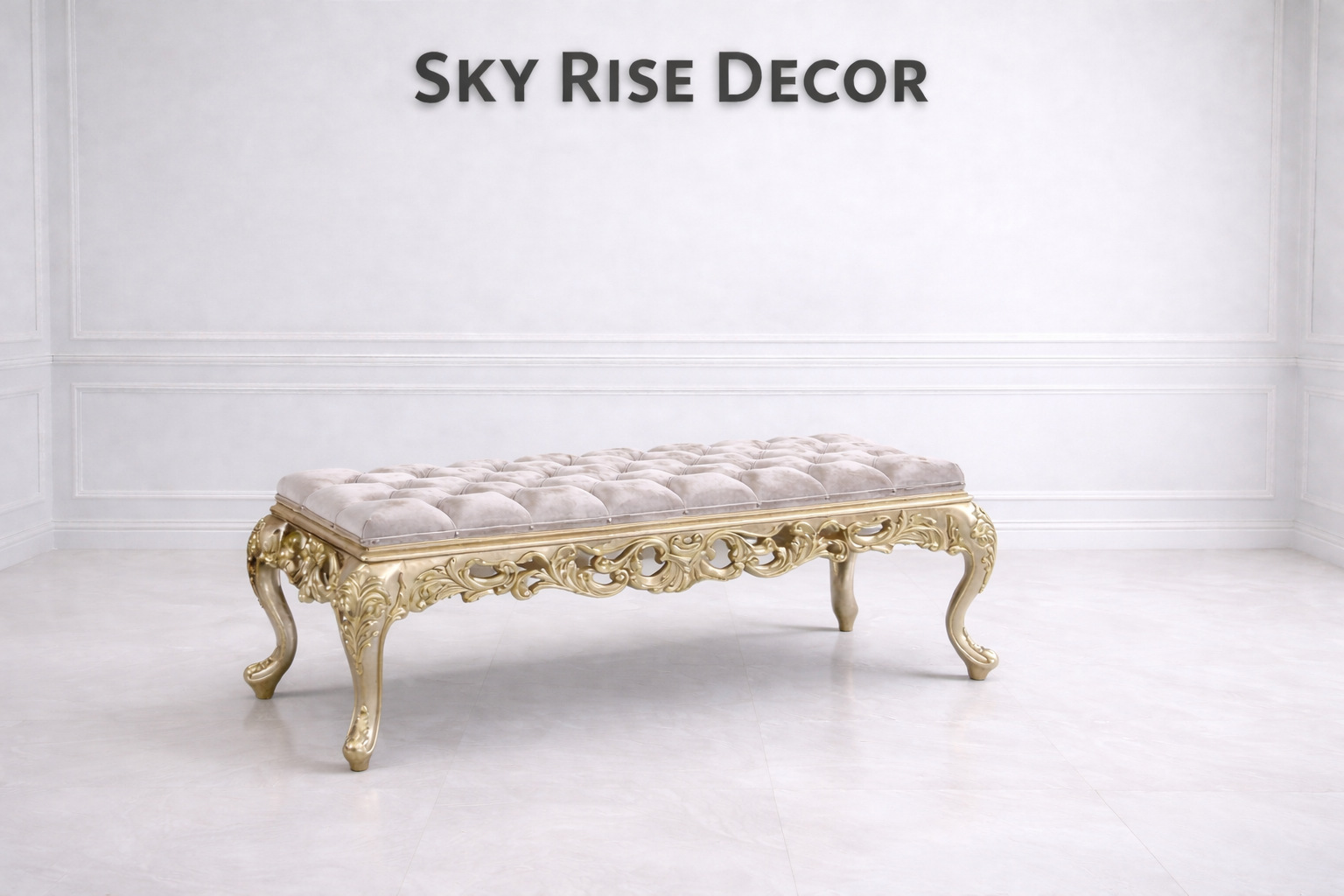 Elegant gold carved bench with tufted upholstered seat for entryway décor
