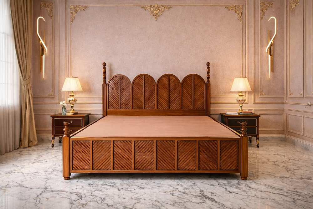 Arched headboard king size bed front view with chevron wood detailing
