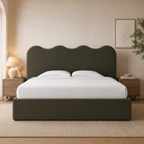 Luxury wave headboard teak wood upholstered bed frame
