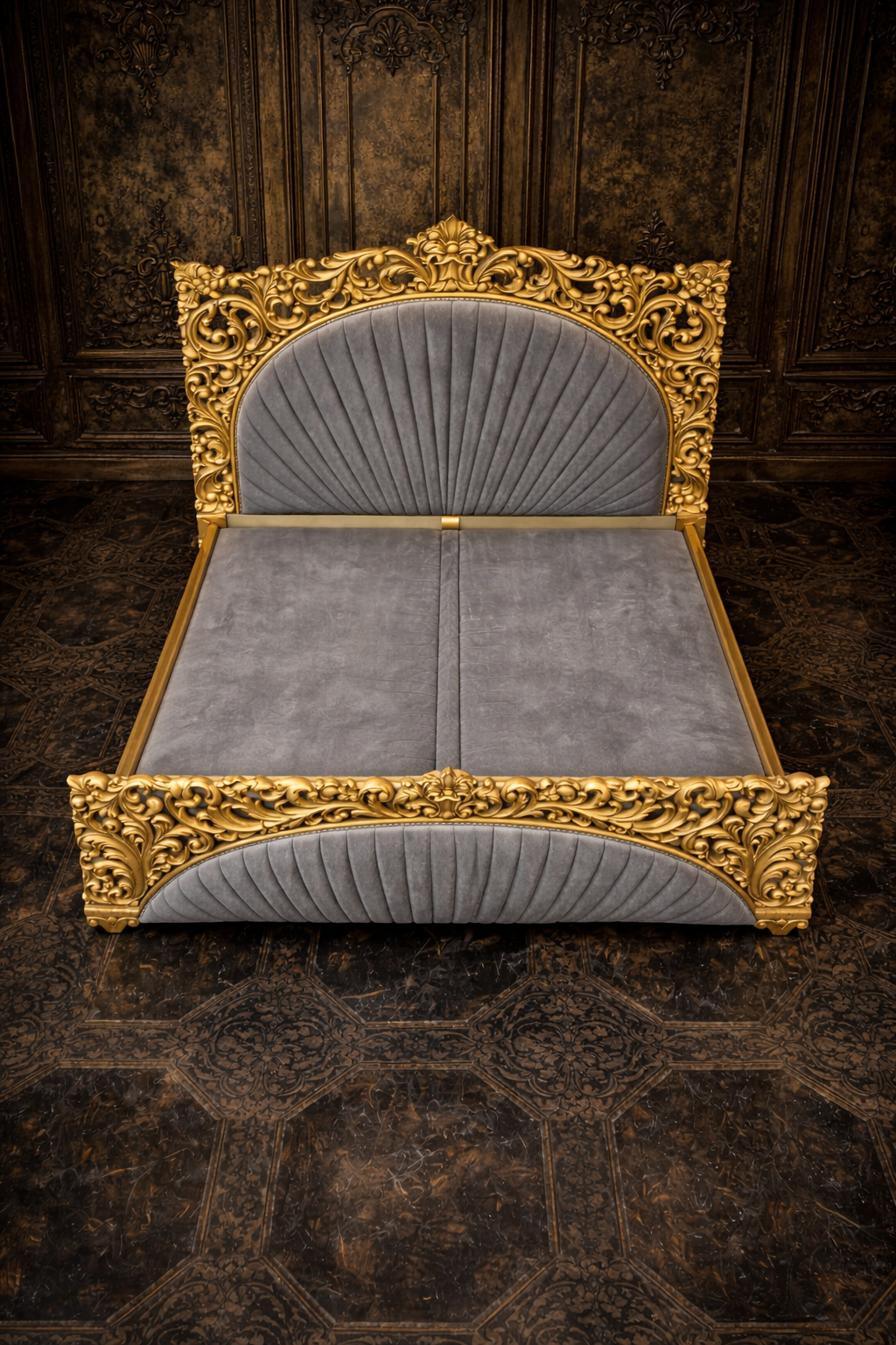 Royal designer wooden bed with gold polish carving
