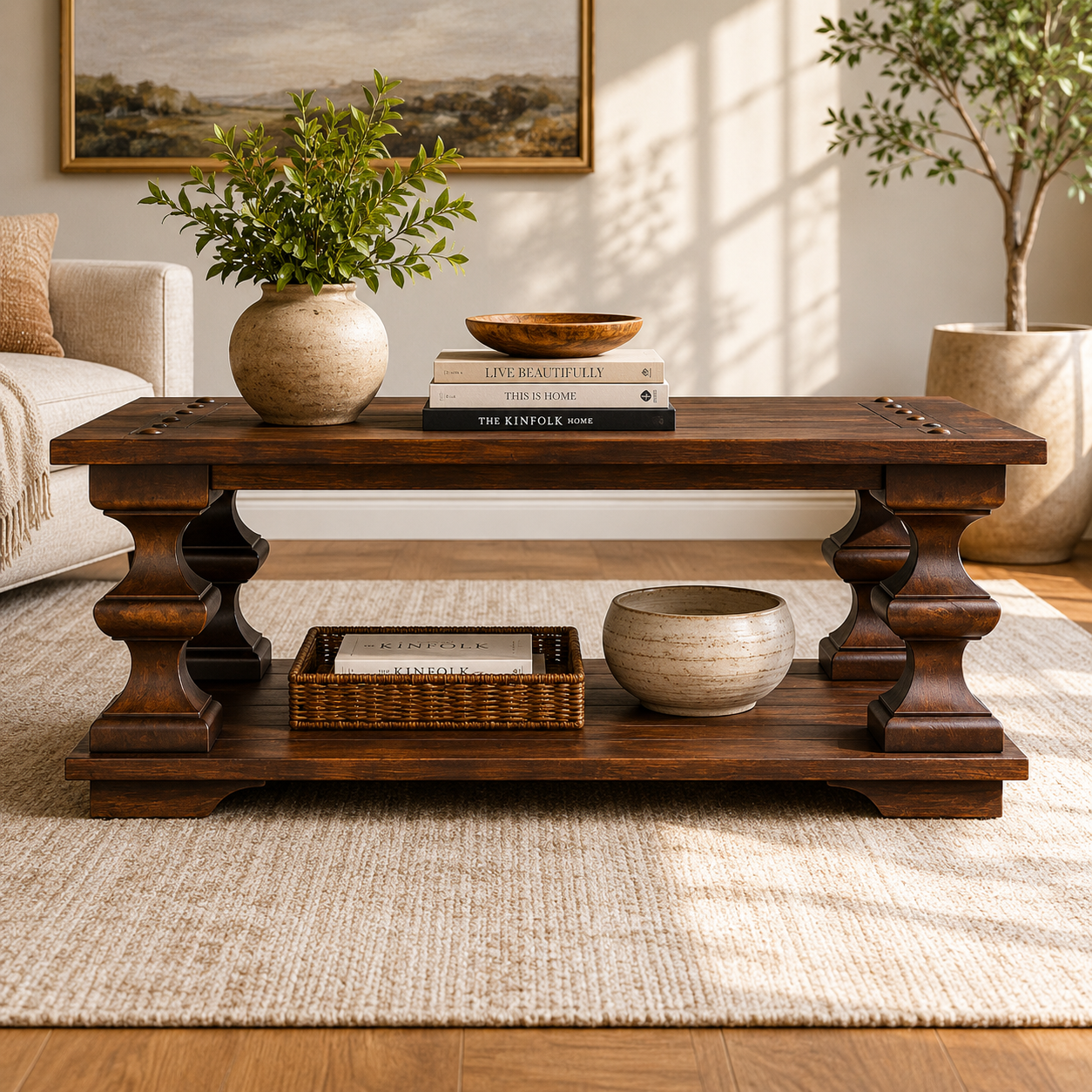 Solid teak wood coffee table with rustic finish