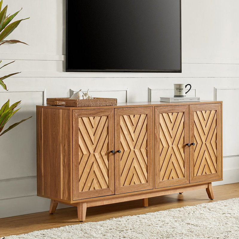 Modern teak wood storage console with chevron pattern