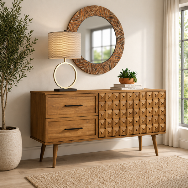 Modern teak wood sideboard cabinet with geometric carved doors