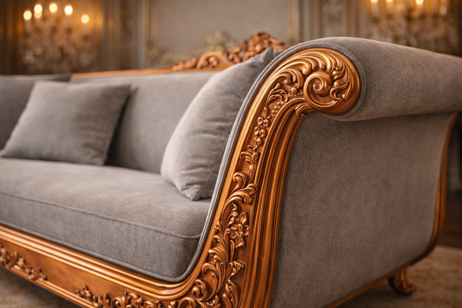 Antique Royal Luxury Hand-Carved Wooden Sofa | Grey Fabric & Antique Finish