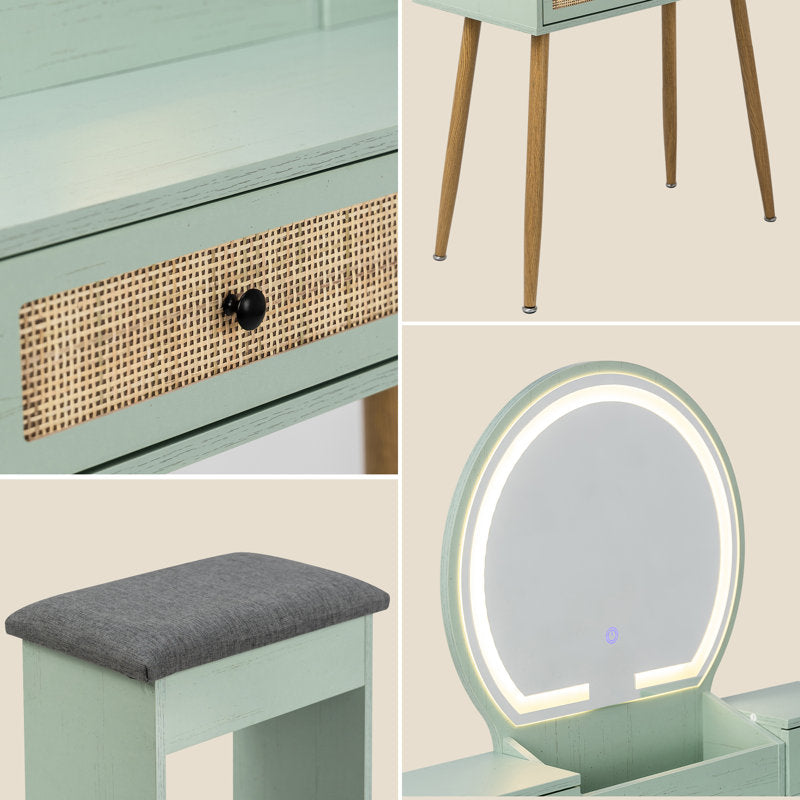 wooden dressing table with round mirror light