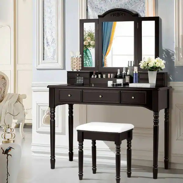 Dark espresso vanity desk with tri-fold mirror