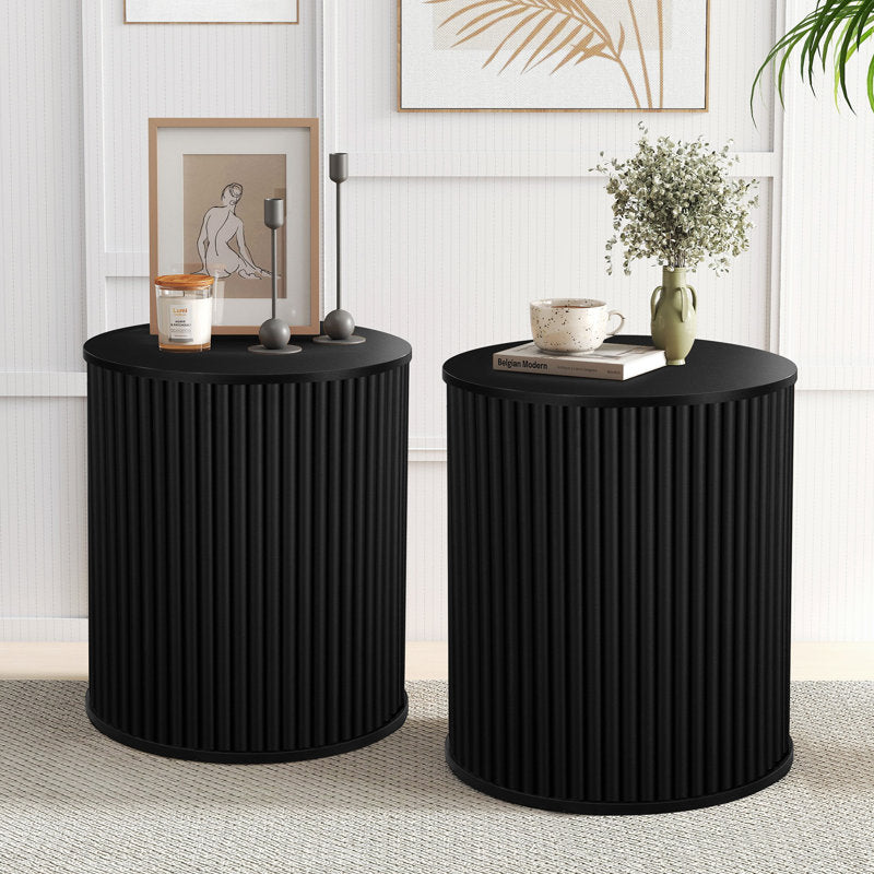 Minimalist teak wood drum side table set in matte black finish