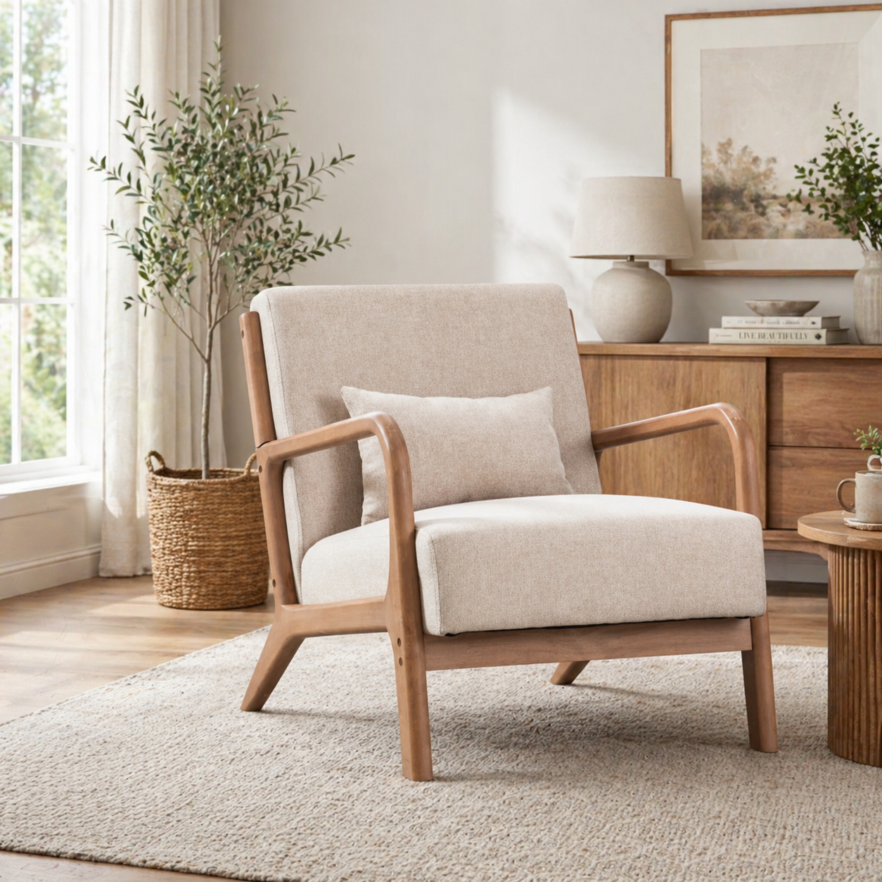 Mid-century modern beige accent chair with wooden frame