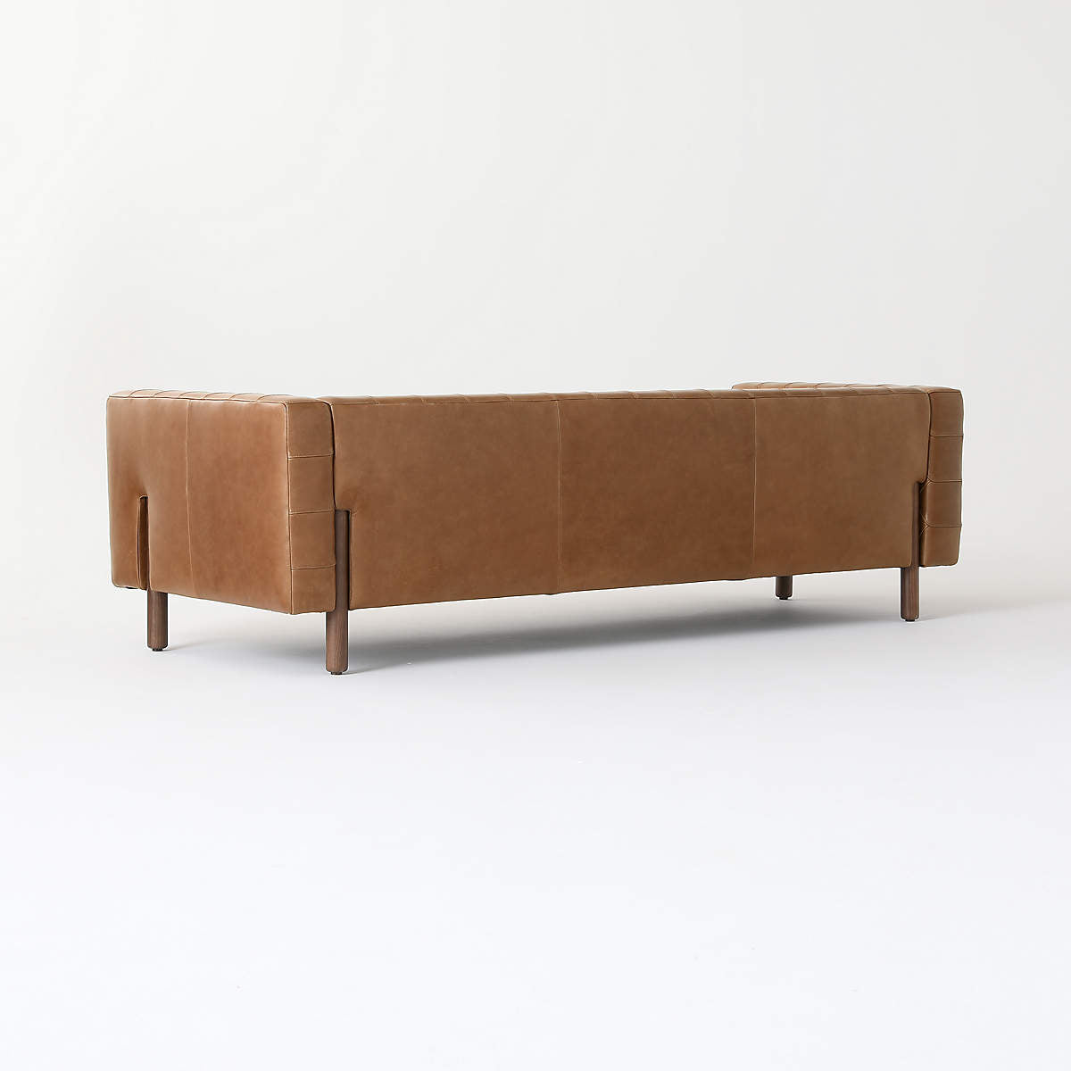 Solid teak wood brown leather couch