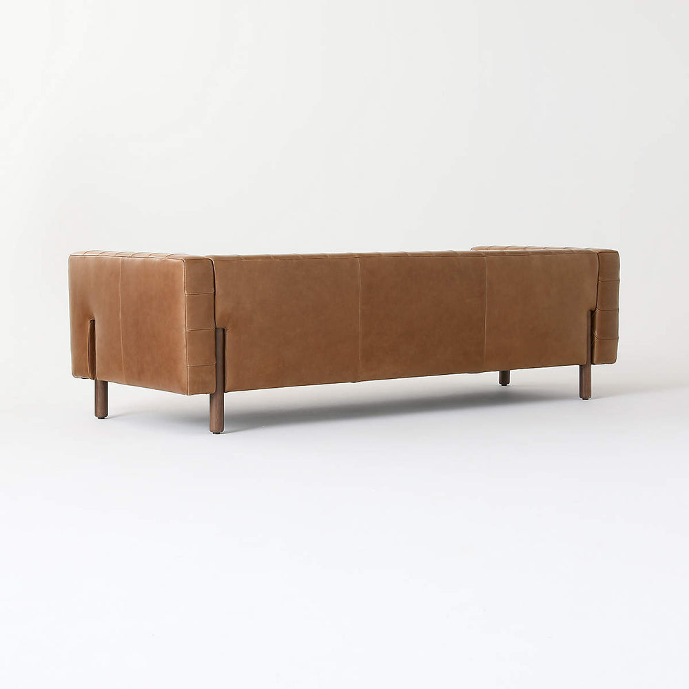 Solid teak wood brown leather couch