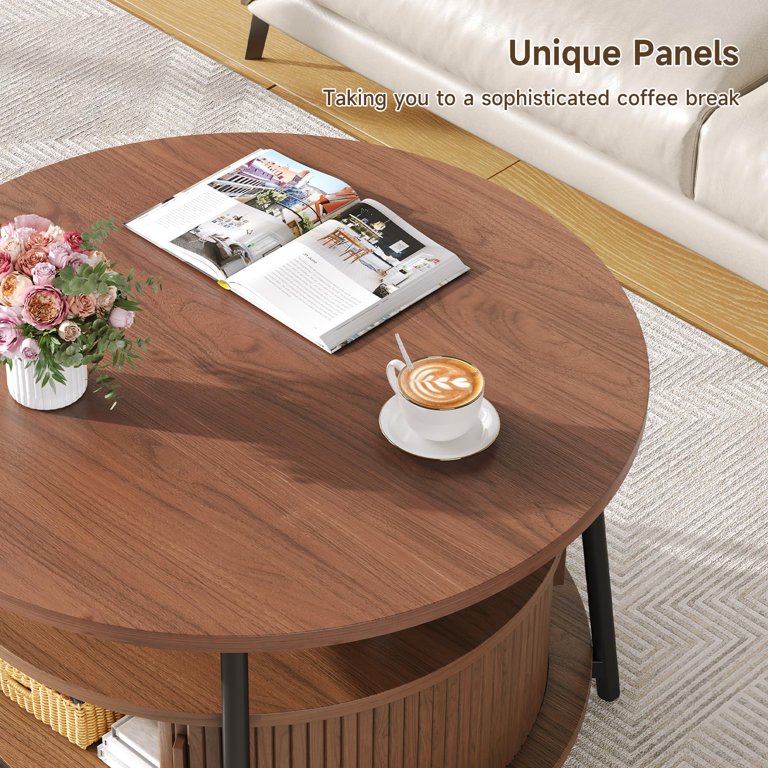 Mid-century round center table with open storage compartment