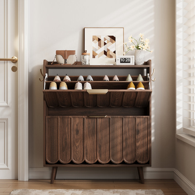 Walnut finish teak wood shoe organizer with brass handles