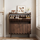Walnut finish teak wood shoe organizer with brass handles