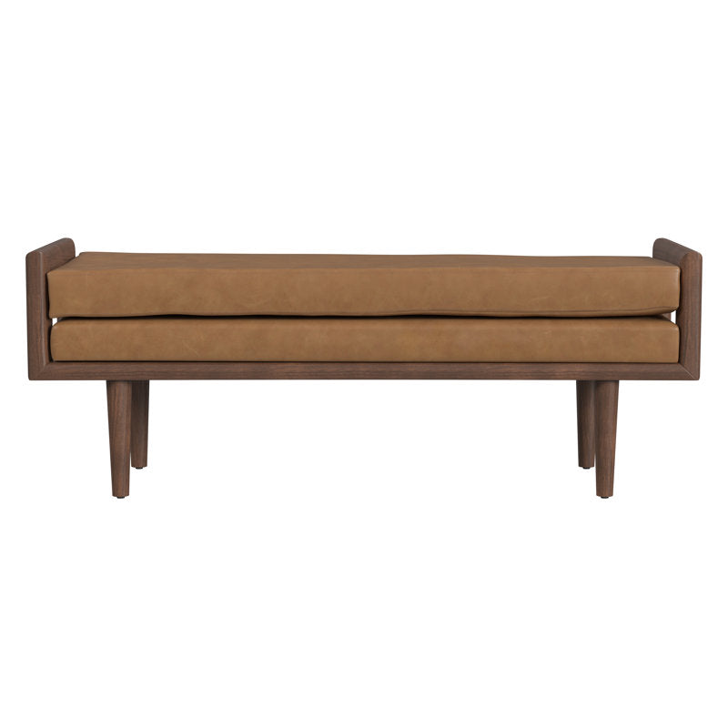Solid teak wood hallway bench with tan cushion