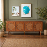Mid century modern rattan sideboard cabinet with walnut finish