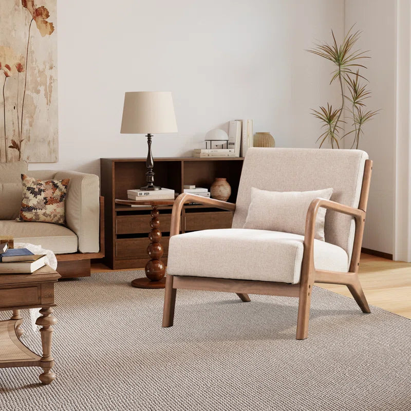 Stylish upholstered reading chair with solid wood base