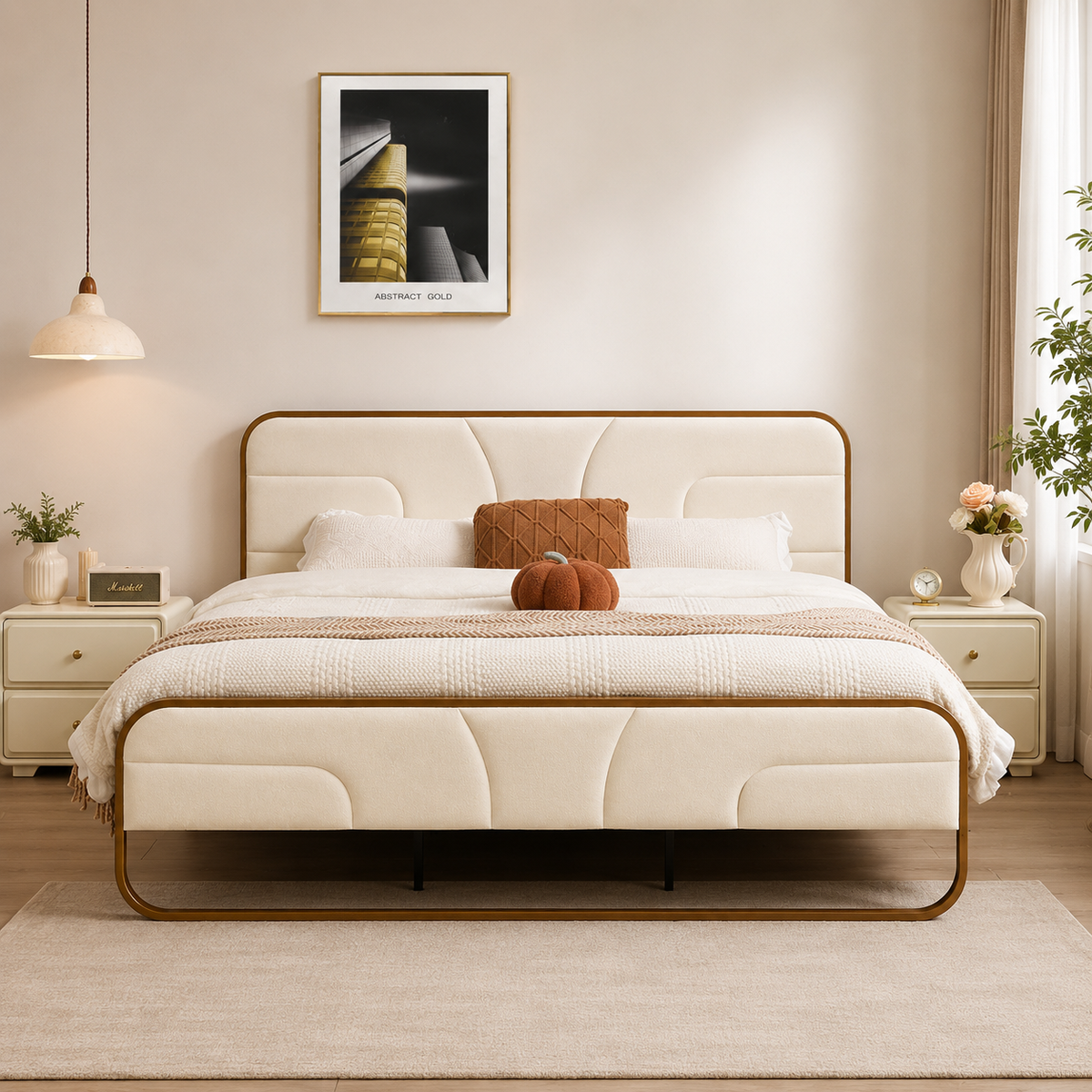 Luxury teak wood upholstered bed in beige