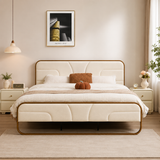 Luxury teak wood upholstered bed in beige