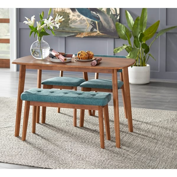 Wooden dining table with cushioned bench seating