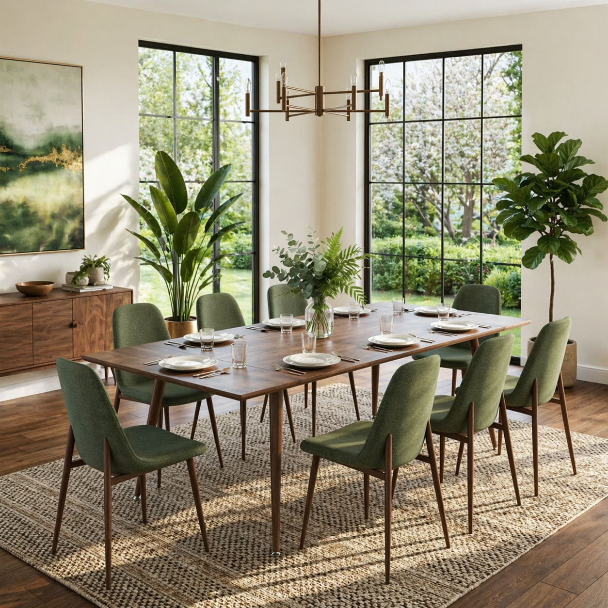 modern wood dining table with green chairs