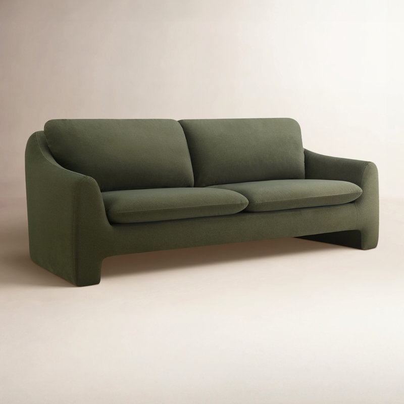 Minimalist olive green teak wood sofa with fabric upholstery