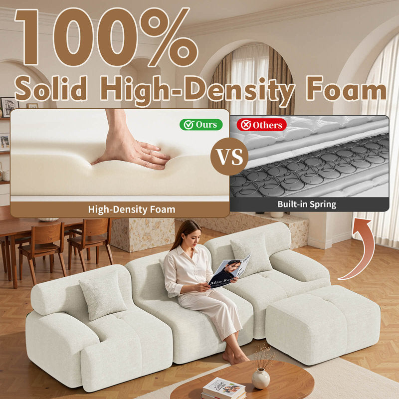 textured fabric sofa on teak wood frame