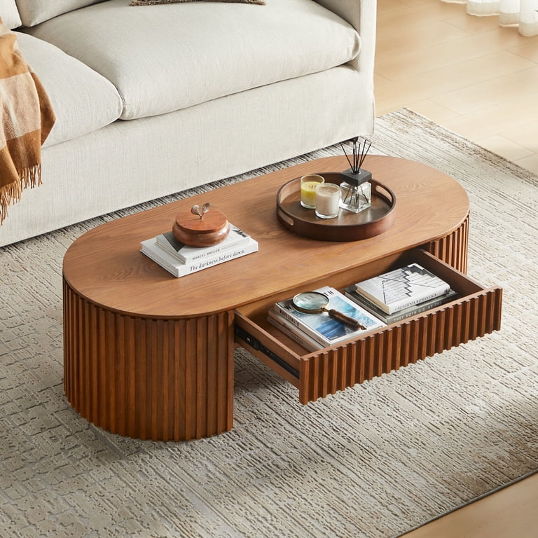 Minimalist oval coffee table in rich walnut wood finish
