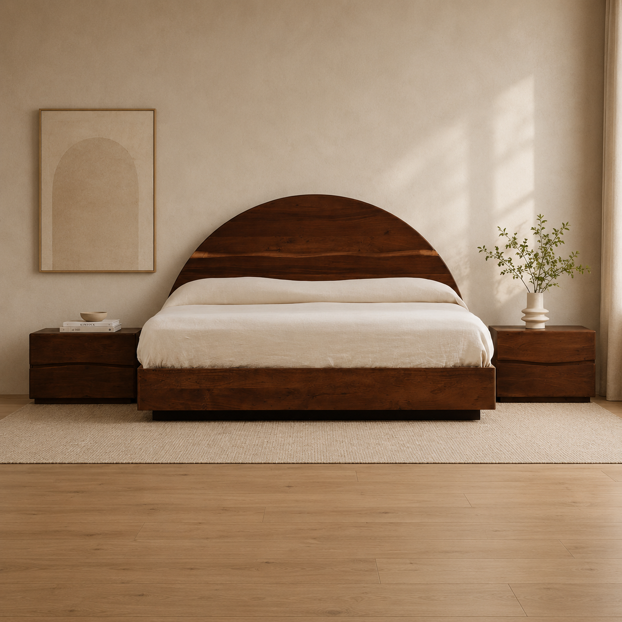 Solid teak wood bed with curved arch headboard in modern bedroom