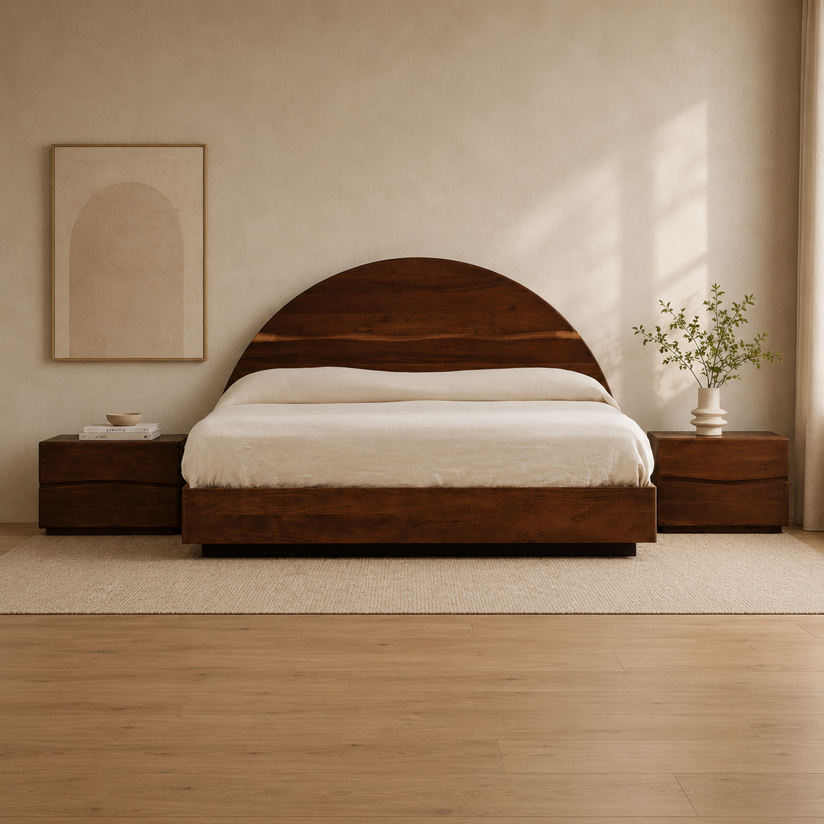 Solid teak wood bed with curved arch headboard in modern bedroom