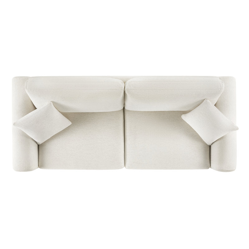 Elegant three-seater sofa with teak wood accents and fabric upholstery
