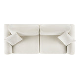 Elegant three-seater sofa with teak wood accents and fabric upholstery